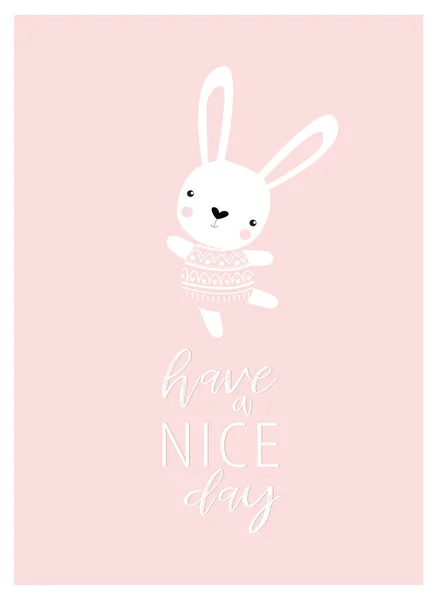 Tisk Vektorový Plakát Králíčkem Hezký Den Bunny Tancuje Růžový Kreslený Royalty Free Stock Ilustrace
