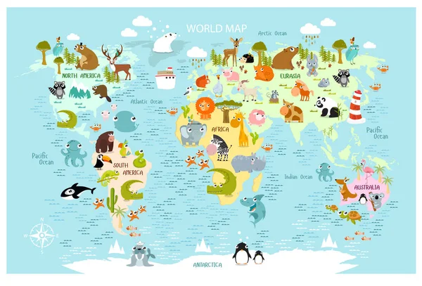 Drukuj Mapa Wektorowa Świata Zwierzętami Kreskówek Dla Dzieci — Wektor stockowy