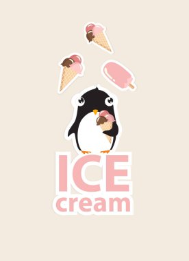 Yazdır. Dondurmalı penguen posteri. Çizgi film küçük pengueni. Pembe dondurma. Nazik poster
