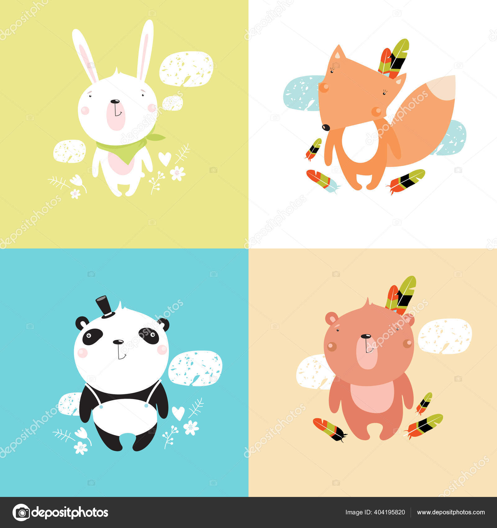 印刷漫画の動物とベクターイラストのセット かわいいキツネウサギクマパンダ ストックベクター C Utchenko Olga