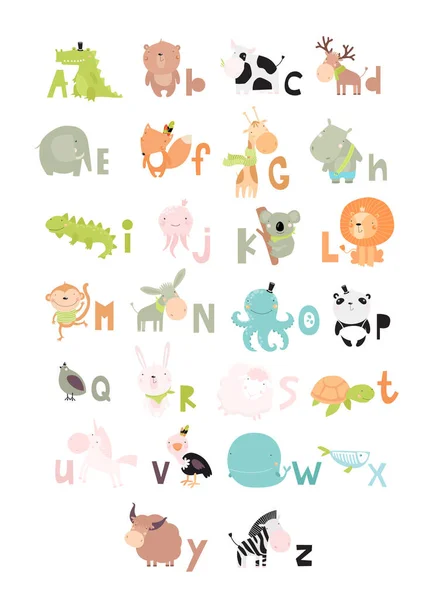 Print Vecto Alphabet Animals Poster Shark Squirrel Camel Goose Dinosaur — Stock Vector