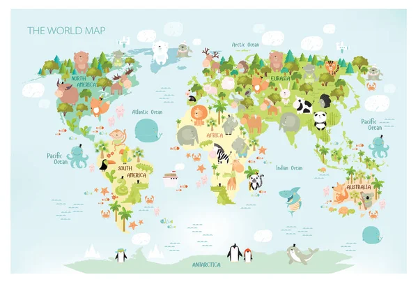 Impresión Mapa Vectorial Del Mundo Con Animales Dibujos Animados Para — Vector de stock