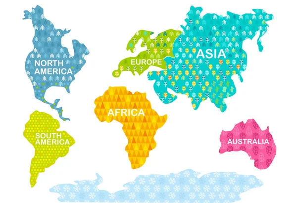 Afdrukken Kleurrijke Wereldkaart Continenten Met Patronen Afrika Amerika Azië Europa — Stockvector