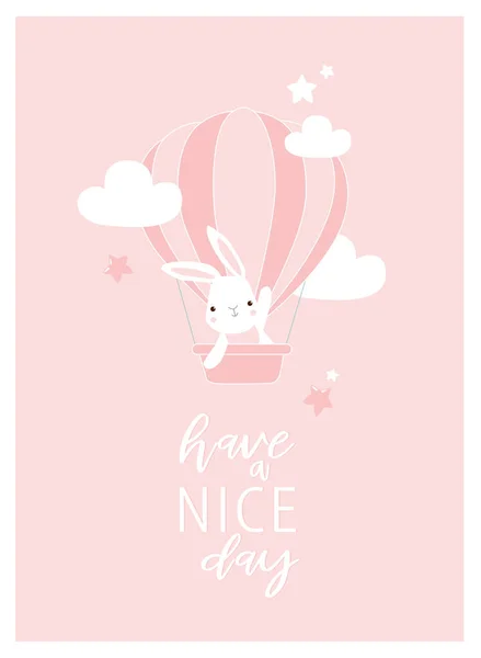 Печать Векторный Мотивационный Плакат Мультяшный Кролик Воздушном Шаре Хорошего Дня — стоковый вектор
