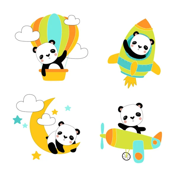 Drucken Vektor Reihe Von Illustrationen Mit Cartoon Panda Panda Reist — Stockvektor