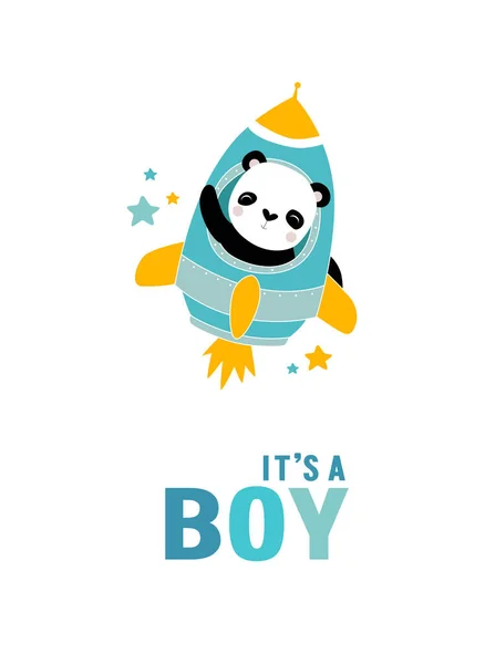 Print Vector Poster Boy Panda Rocket Baby Shower — Stock Vector