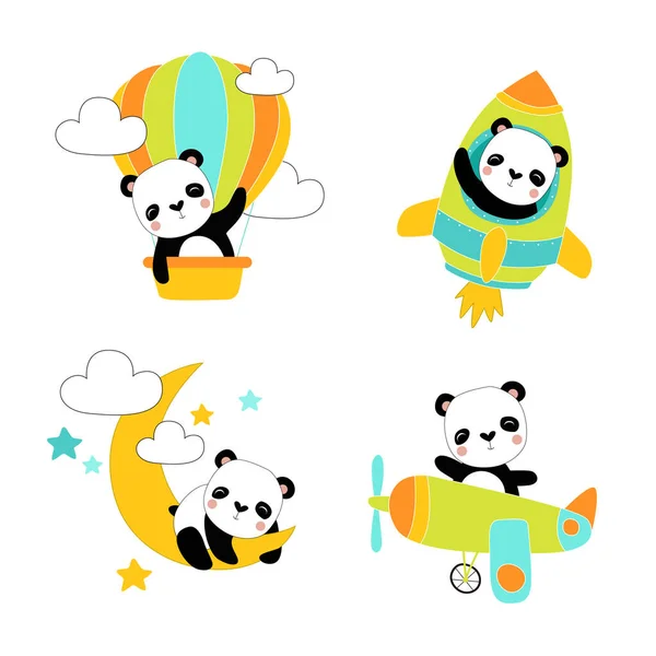 Drucken Vektor Reihe Von Illustrationen Mit Cartoon Panda Panda Reist — Stockvektor