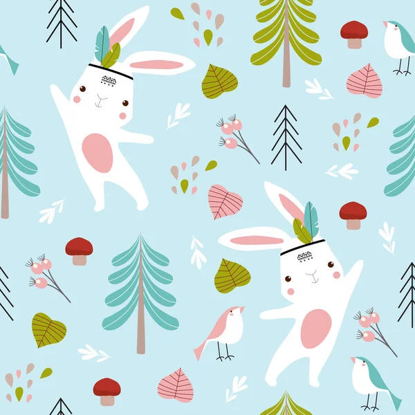 バニーとベクトルの森のパターン 白ウサギ 青の背景 — ストックベクタ