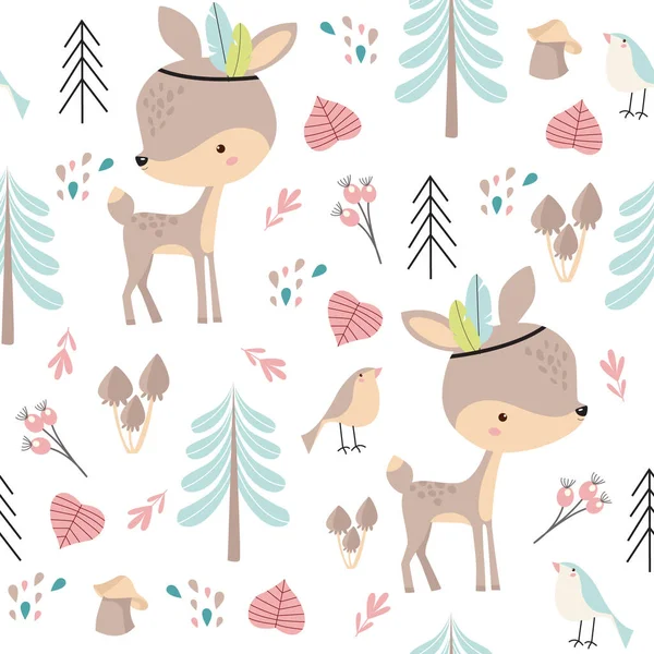 ベクトルの森のパターンと赤ちゃん鹿 森の動物 漫画の赤ちゃん鹿 — ストックベクタ