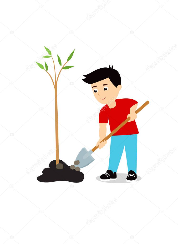 Print. boy plants a tree. Vector illustration.