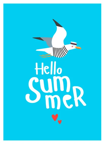 Imprimare Hello Summer Afiș Tipografic Vector Pescăruşul Zboară — Vector de stoc