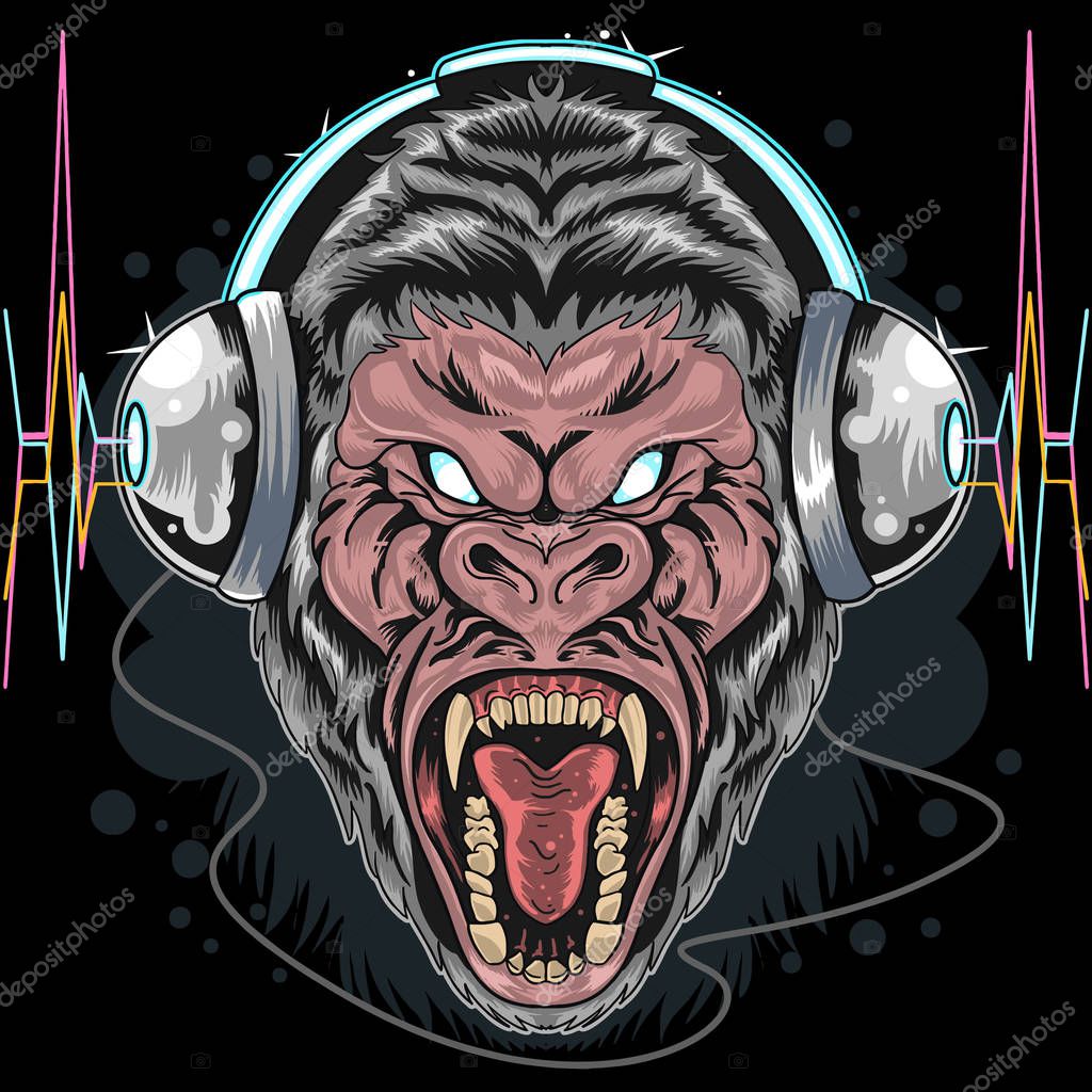 Angry gorilla head with headphones on black background
