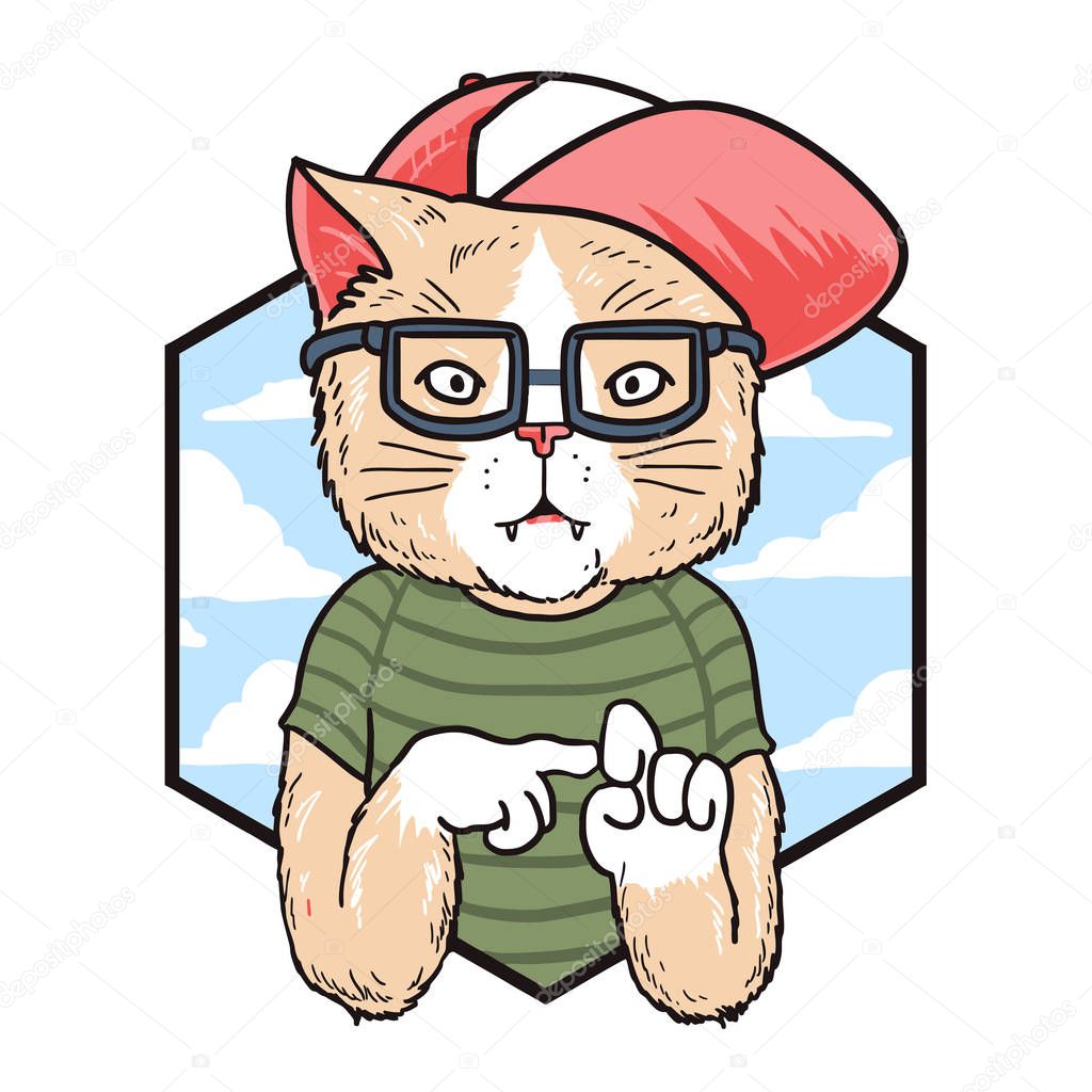 Cat in red cap gesturing. Vector illustration