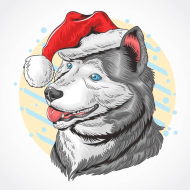 Noel Baba şapkalı Noel Köpeği Huskey. Vektör çizimi