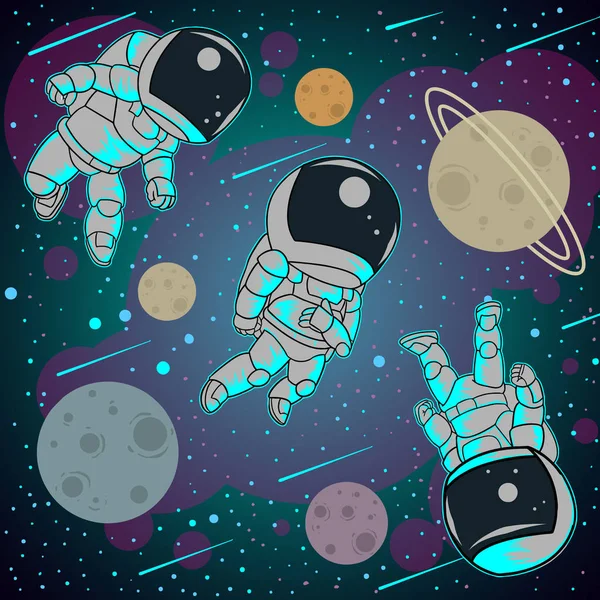 Tre Astronauter Yttre Rymden Vektor Illustration — Stock vektor