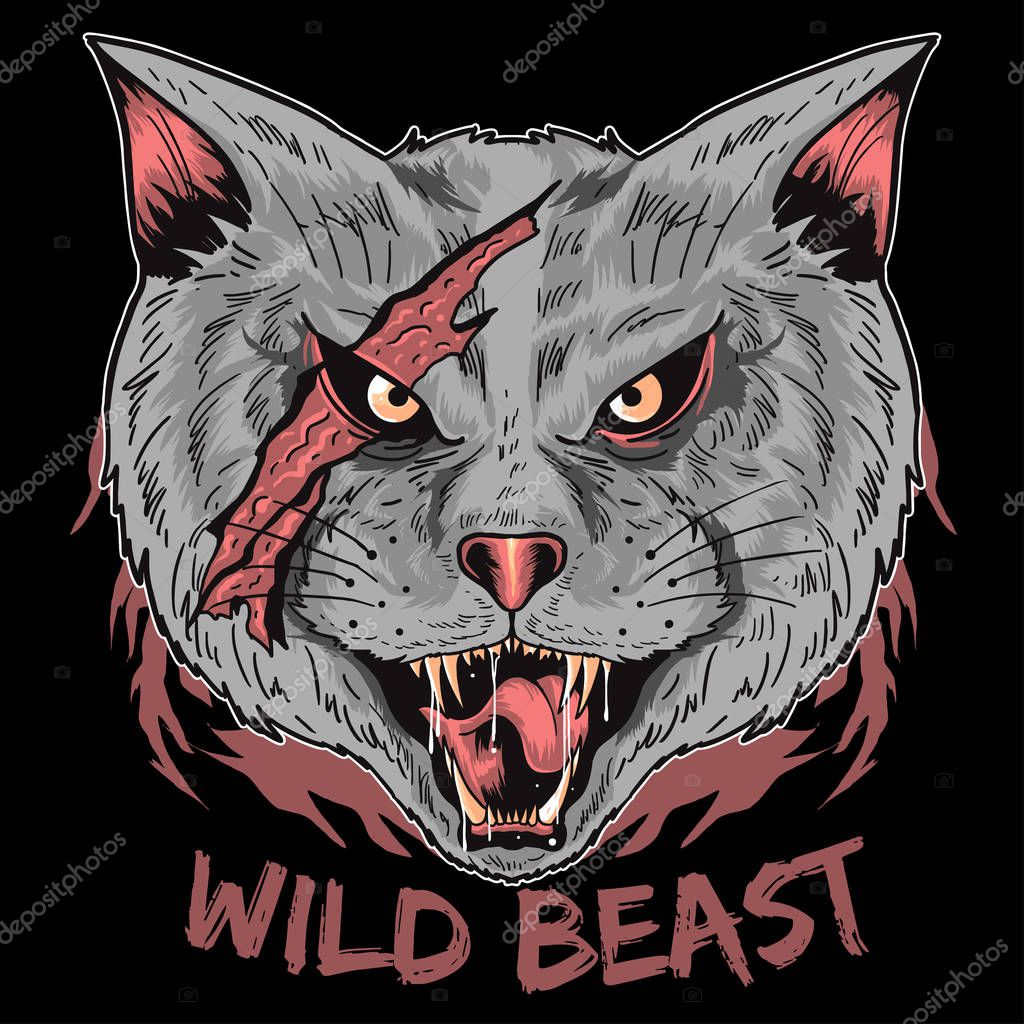 Scary cat with scar. Halloween party poster. Vector illustration