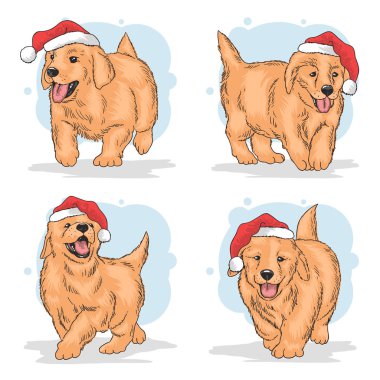 Noel Baba şapkalı sevimli yavrular seti. Vektör çizimi