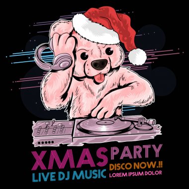 Noel Baba Teddy Bear Dj Müzik. Vektör çizimi