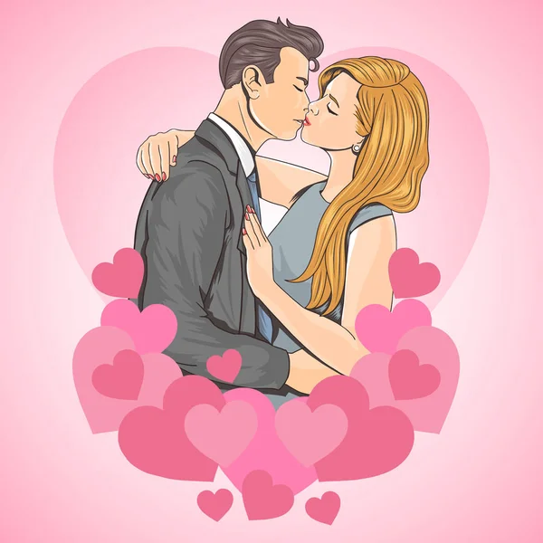 年轻夫妇在粉红的背景上接吻 情人节海报 矢量说明 — 图库矢量图片