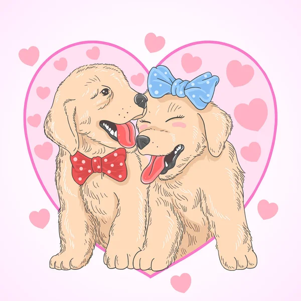 Cute Puppies Biglietto San Valentino Amore Illustrazione Vettoriale — Vettoriale Stock
