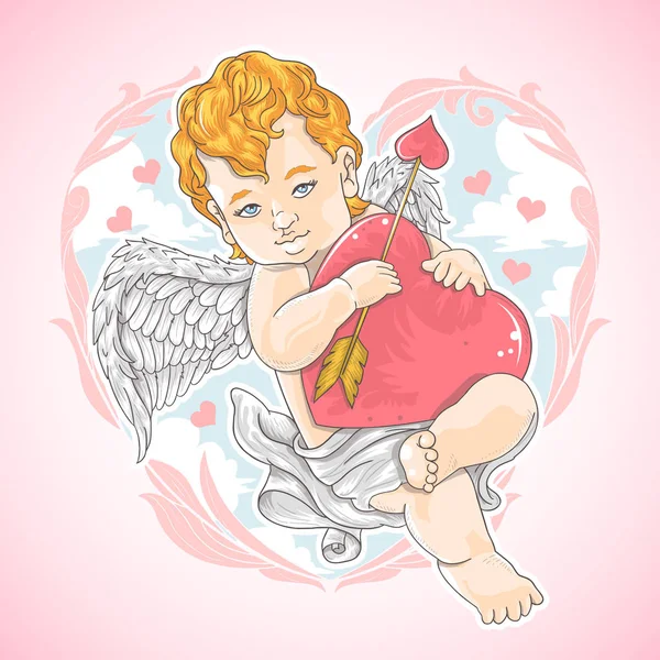 Cupido Segurando Coração Amor Conceito Dia Valentine Ilustração Vetorial — Vetor de Stock