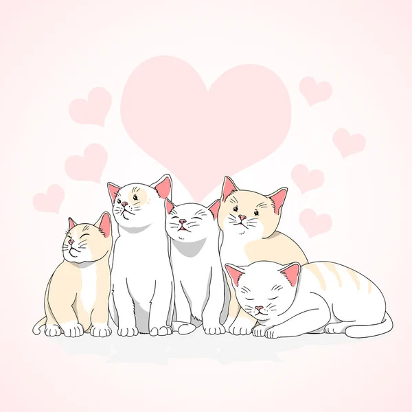 Cute Cats Pink Hearts Background Love Vector Illustration — Stock Vector