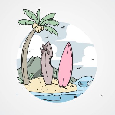 Sörf tahtaları ile Summer Beach. Vektör çizimi