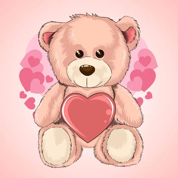 情人节贺卡 泰迪熊抱着心脏 矢量插图 — 图库矢量图片