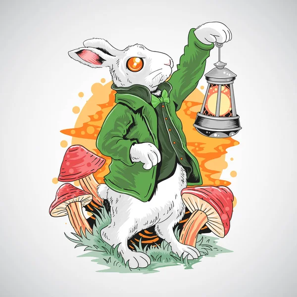 Кролик Зеленій Куртці Тримає Ліхтар Векторні Ілюстрації — стоковий вектор