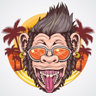 Yaz maymunu kafası gülen surat ve hindistan cevizi ağacı vektörü