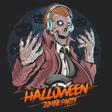 Kafatası Zombi Müzik Partisi Cadılar Bayramı element vektörü