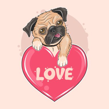 Sevgi dolu bir kalp taşıyan sevimli pug köpeği. Düzenlenebilir katmanlar.