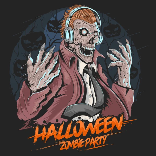 Lebka Zombie Music Party Halloween Element Vektor — Stockový vektor