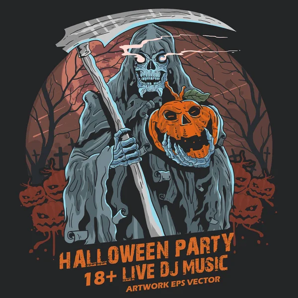 Grim Reaper Halloween Fête Citrouille Vecteur — Image vectorielle