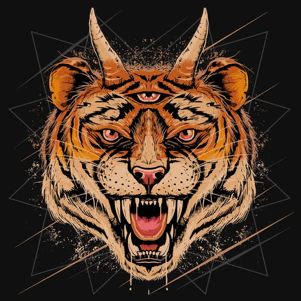 Tête Tigre Broyée Avec Corne — Image vectorielle