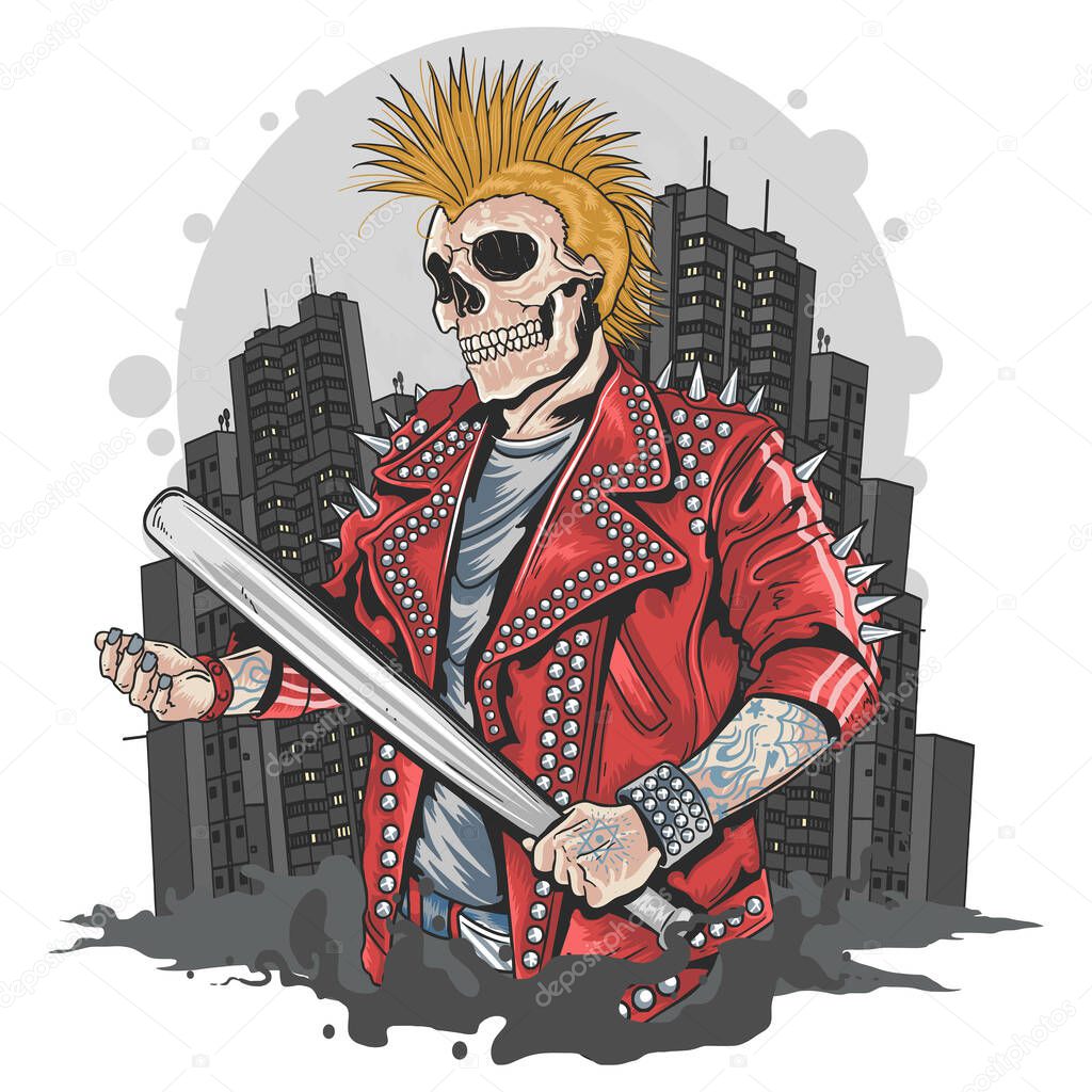 punker with a skull-head carrying a baseball bat