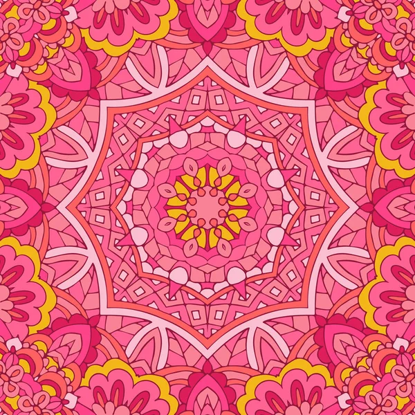 ピンクの花エスニックなシームレスなデザイン。お祝いのカラフルなマンダラ パターン飾り — ストックベクタ