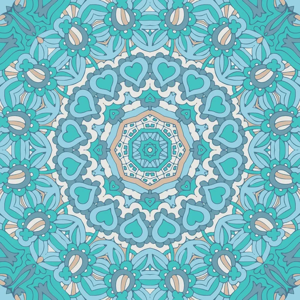 Niedliches Doodle ungewöhnliches nahtloses Design. festlich blaue Herzen Mandala-Muster — Stockvektor