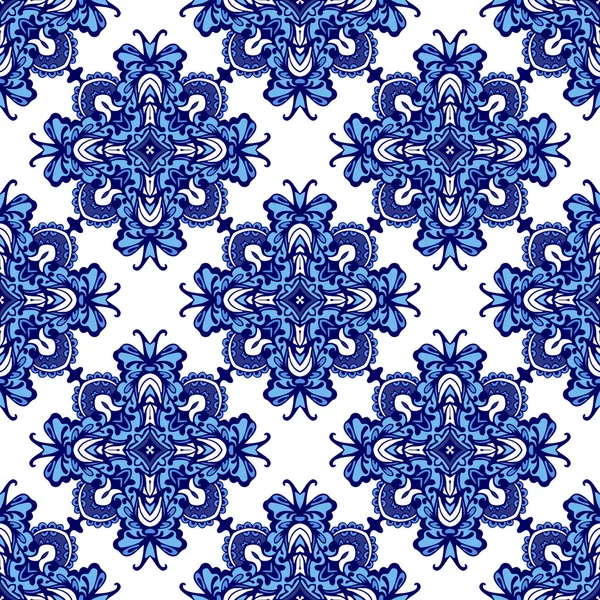 Damaškové Bezešvé Patchwork Vzor Modré Bílé Orientální Dlaždice Ornamenty Lze — Stockový vektor