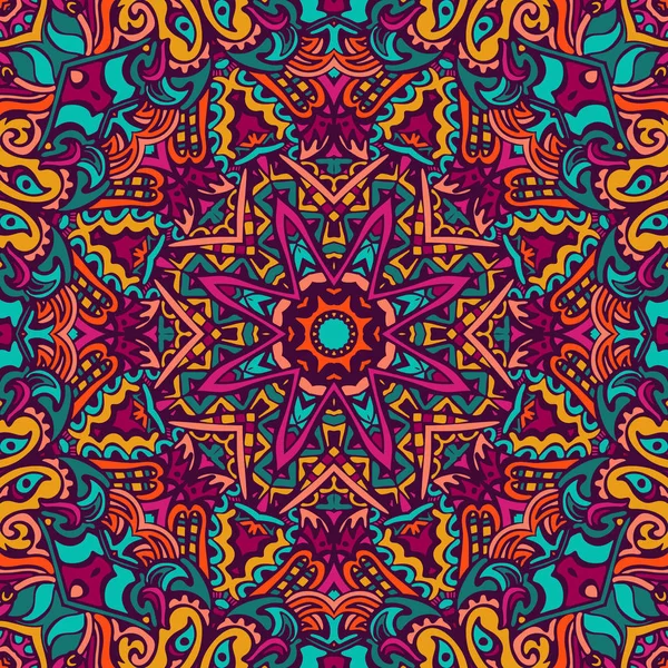 Etnische naadloze ontwerp met Tribal Indiase bloemen. Feestelijke kleurrijke mandala patroon sieraad. — Stockvector