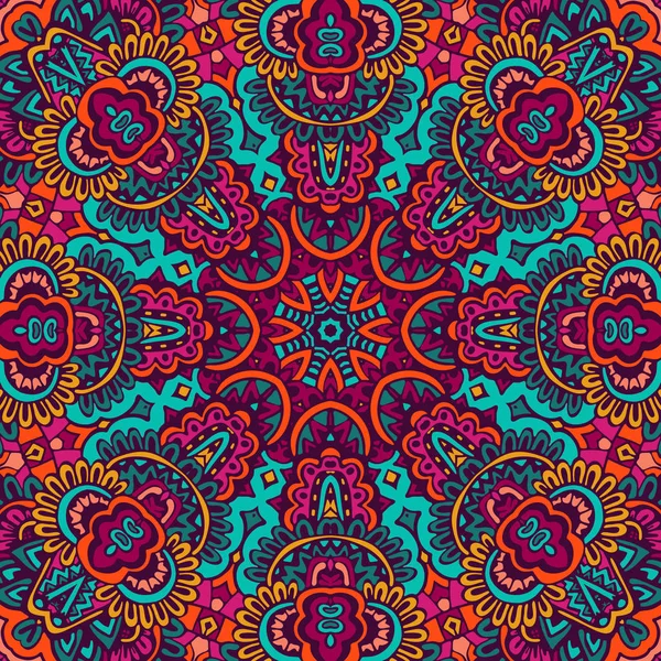 Etnische naadloze ontwerp met Tribal Indiase bloemen. Feestelijke kleurrijke mandala patroon sieraad. — Stockvector