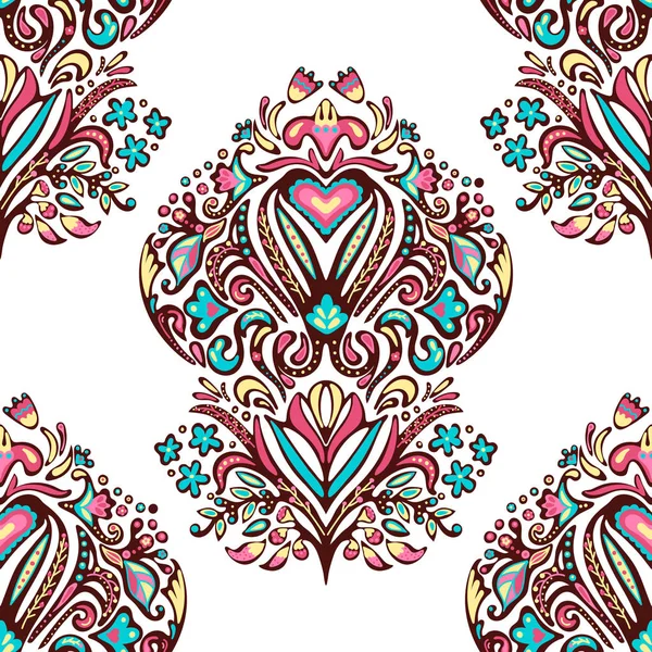 Vintage seamless damask pattern. Colorful Tile doodle Hand drawn floral background. — Stock Vector
