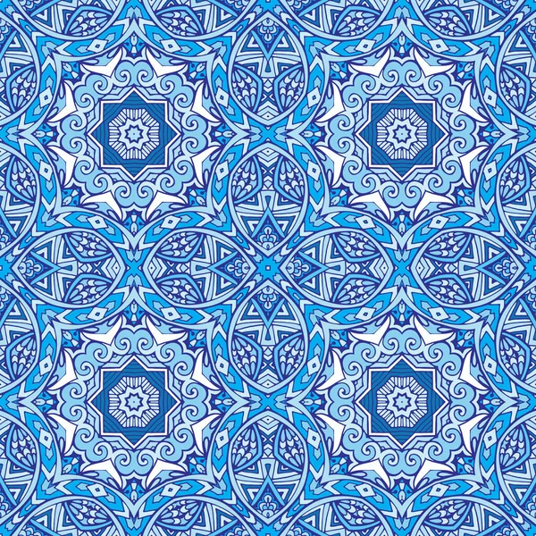 Biru mulus pola ubin keramik dalam coretan doodle gaya zenart - Stok Vektor
