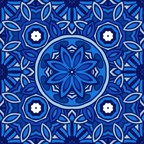 Precioso Patrón Mosaico Sin Costuras Azulejos Orientales Azules Blancos Adorno — Vector de stock