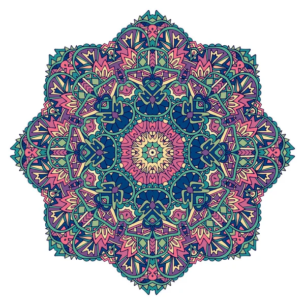 Vector Handgezeichnetes Doodle Mandala Ethnische Sternblume Mit Buntem Ornament Isoliert — Stockvektor