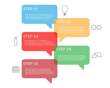 EPS 10 vektör Infographic beyaz arka plan üzerinde beş mesaj renk şeffaf kabarcıkları ile