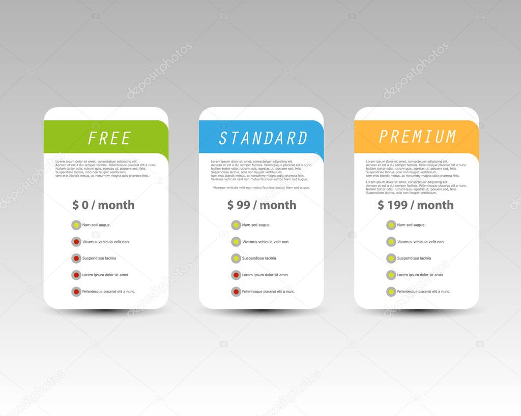 Offer of three price categories of products and services. Vector cards