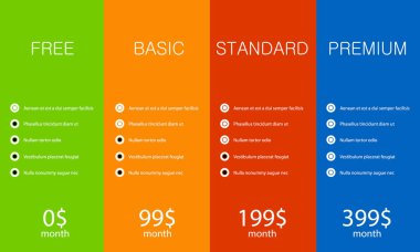 Teklif ürünleri ve Hizmetleri kartların dört fiyat kategorinin. Vektör grafiği.