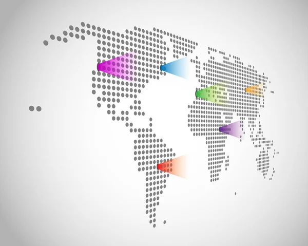 Gestippelde Wereld Kaart Met Kleur Transparante Pointers Vector — Stockvector