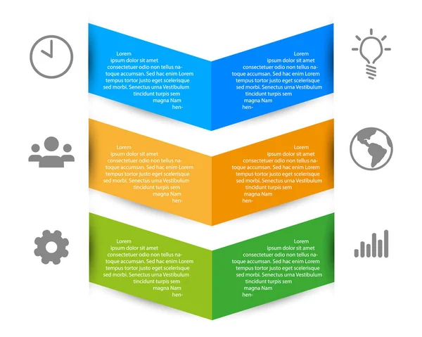 Info grafiche con tre caselle di testo a colori e sei icone informative — Vettoriale Stock